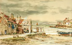 Cottages by an inlet with a boat on the shore by John Hamilton Glass, sold Feb 2015
