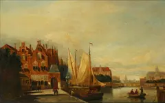 Dutch townscape with river, and companion by John Hulk, oil on canvas (a pair), sold Feb 2015