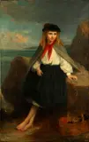 Young girl with basket by the sea shore by English School, oil on canvas, sold Feb 2015