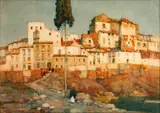 Continental village scene at sunset by Albert Moulton Foweraker, watercolour, sold Feb 2015