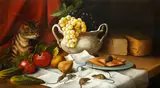 Still life with cheese, fruits and bread, with mice playing and a cat watching by James B. Russell, oil on canvas, sold Feb 2015