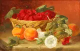 A basket of raspberries, peaches and flowers on a stone ledge by Eloise Harriet Stannard, oil on canvas, sold Feb 2015
