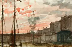 Fishing boats in a calm off the shore by Samuel Owen, watercolour, sold Feb 2015