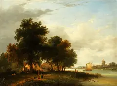 A river bank with man and child before a cottage, a sailing barge beyond by Edward Williams, sold Feb 2015