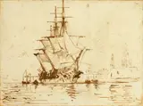 A sailing vessel off the coast, drying her sails by Félix Ziem, pen and sepia ink, sold Feb 2015
