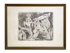 Compositions with figures by Mino Maccari, an engrraving and a mixed media on cardboard, offered Oct 2026