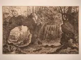 Landscape with waterfall and natural arch by Issac Major, etching, offered Sep 2026