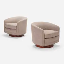 Swivel lounge chairs, pair by Milo Baughman, c. 1960, upholstery, wood, sold Aug 2023