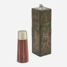 Lighters, set of two by Phillip Lloyd Powell and Paul Evans, patinated copper, bronze and pewter, walnut, sold Aug 2023