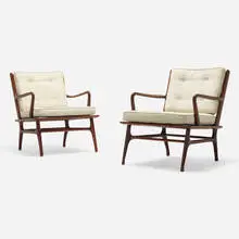 Lounge chairs, pair by Modern, c. 1960, walnut, upholstery, sold Aug 2023