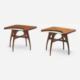 Occasional tables, pair by Modern, c. 1975, walnut, glass, sold Aug 2023