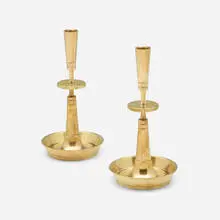 Candlesticks, pair by Tommi Parzinger, 1952, brass, sold Aug 2023
