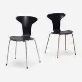 Chairs model 3105 by Arne Jacobsen, 1965, molded and lacquered plywood, chrome-plated steel, matte chrome-plated steel, sold Aug 2023