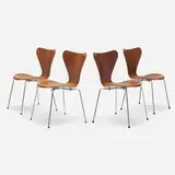 Severner dining chairs model 3107, set of four by Arne Jacobsen, teak plywood, chrome-plated steel, sold Aug 2023