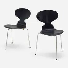 Ant chairs, pair by Arne Jacobsen, lacquered beech plywood, chrome-plated steel, sold Aug 2023