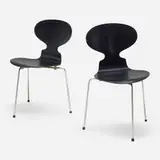 Ant chairs, pair by Arne Jacobsen, lacquered beech plywood, chrome-plated steel, sold Aug 2023