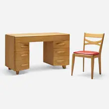 Desk and chair by Heywood-Wakefield, c. 1945, maple, vinyl, sold Aug 2023