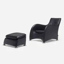 Loge lounge chair and ottoman by Gerard van den Berg, 1989, leather, aluminum, sold Aug 2023