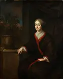 Portrait of a lady, three-quarter-length, seated, in a brown dress before a curtain by Michiel van Musscher, oil on canvas, sold Feb 2015