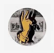 Bunny Fingers plate by Pure Evil, 2000, transfer-printed and gilt porcelain, sold Aug 2023