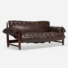 Soft sofa by Sergio Rodrigues, 1957, jacaranda, leather, sold Aug 2023