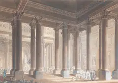 Figures within an architectural setting by Firmin Perlin, pencil, pen, brown ink and watercolour on paper, heightened with white, offered Feb 2015