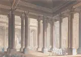 Figures within an architectural setting by Firmin Perlin, pencil, pen, brown ink and watercolour on paper, heightened with white, offered Feb 2015