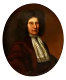 Portrait of a gentleman, bust length, wearing a long grey wig, brown jacket and fringed white cravat, framed oval by English School 18th century, oil on canvas, offered Feb 2015