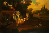 A cockerell and hens with other birds in a park landscape by Pieter Casteels III, oil on canvas, sold Feb 2015