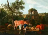 A shepheress and a child resting by a river with her flock; and A drover resting by a river with his herd by Dirck van der Bergen, a pair, gouache on paper, offered Feb 2015