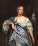 Portrait of Mary Bagot, Countess of Falmouth, three-quarter length, in a blue dress before a landscape by Peter Lely, oil on canvas, sold Feb 2015