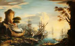 Figures and Italianate ruins on a quayside with numerous ships and small boats; and companion by Salvator Rosa, oil on canvas (a pair), sold Feb 2015