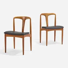 Juliane dining chairs, pair by Johannes Andersen, c. 1965, teak, leather, sold Aug 2023