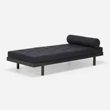 SCAL daybed, no. 450 by Jean Prouvé, enameled steel, upholstery, oak, sold Aug 2023