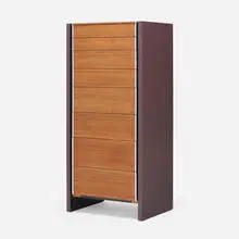Cabinet by Robert Baron, c. 1975, painted wood, walnut veneer, aluminum, bronze, sold Aug 2023