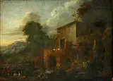 Busy river scene, mountain landscape beyond by Italian School, oil on canvas, sold Feb 2015