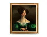 Portrait of a lady in a green dress holding a bird by English School, oil on canvas, offered Dec 2015