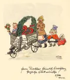 Jubiläumsgrüsse by Heinrich Zille, 1922, Aquarell und Tuschfeder über Bleistift auf der rechten Hälfte eines Doppelbogens Velin, sold Jun 2010