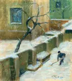 Hinterhof im Schnee by Franz Skarbina, 1897, Pastellkreiden auf Papier, auf Karton aufgezogen, sold Nov 2008