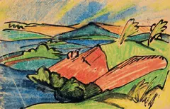 Landschaft by Max Kaus, 1921, Wachskreiden und schwarze Tusche auf Postkarte, sold May 2011