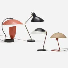 Collection of four table lamps by Modern, c. 1955, enameled steel, enameled aluminum, brass, fiberglass, acrylic, aluminum, sold Aug 2023