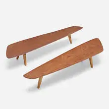 Footed serving trays, pair by Frode Holm, c. 1945, teak, sold Aug 2023