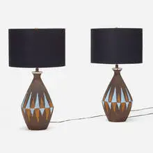 Table lamps, pair by Bitossi, c. 1960, glazed earthenware, linen shades, brass, sold Aug 2023