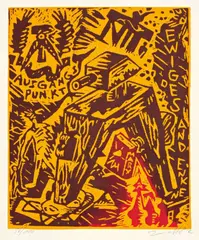 Naht by Jörg Immendorff, 1982, Original-Halbleinenmappe mit 6 Farblinolschnitten, jeweils auf Velin und drei Gedichten von A.R. Penck, jeweils auf Papi, sold Nov 2011