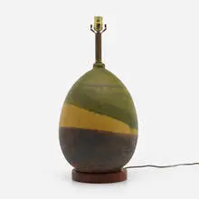 Table lamp base by Marcello Fantoni, c. 1955, glazed stoneware, walnut, brass, sold Aug 2023