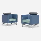 Eastside lounge chairs model 35S1, pair by Ettore Sottsass, 1983, leather, enameled steel, plastic, sold Aug 2023