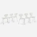 Ant dining chairs, set of six by Arne Jacobsen, 1952 / 2007, lacquered plywood, chrome-plated steel, sold Aug 2023