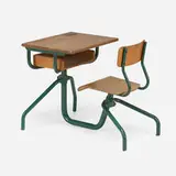 Student desk by Jean Prouvé, c. 1950, oak, painted steel, iron, sold Aug 2023