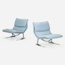 Onda lounge chairs, pair by Giovanni Offredi, c. 1970, upholstery, chrome-plated steel, sold Aug 2023
