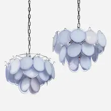 Chandeliers, pair by Vistosi, c. 1965, chrome-plated steel, glass, sold Aug 2023